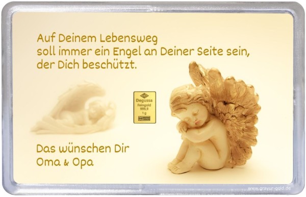 Taufgeschenk mit Engel-Motiv – 1g-Goldbarren mit persönlicher Widmung von Oma und Opa
