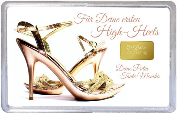 2,5g-Goldbarren mit High-Heels-Motiv – Taufgeschenk für Mädchen mit persönlicher Widmung