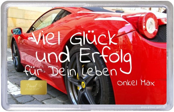 1g-Goldbarren zur Geburt mit Ferrari-Motiv und persönlicher Karte vom Onkel