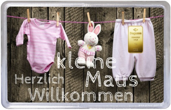 1g-Goldbarren zur Geburt mit rosa Wäscheleine-Motiv – Geschenk für Mädchen mit Gravur