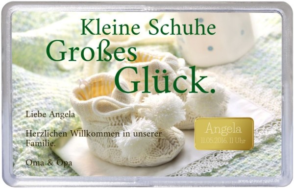 Goldbarren zur Taufe – 2,5g mit Babyschühchen-Motiv & Karte von Oma und Opa