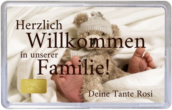 1g-Goldbarren mit Teddybär-Motiv und persönlicher Karte zur Geburt